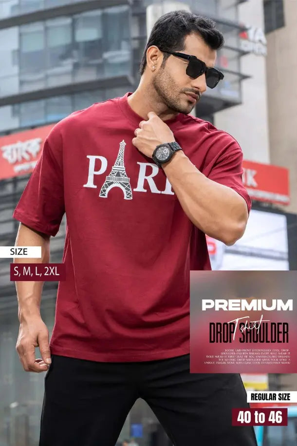 Premium Drop Shoulder T-shirt - Eiffel Tower Paris - Maroon