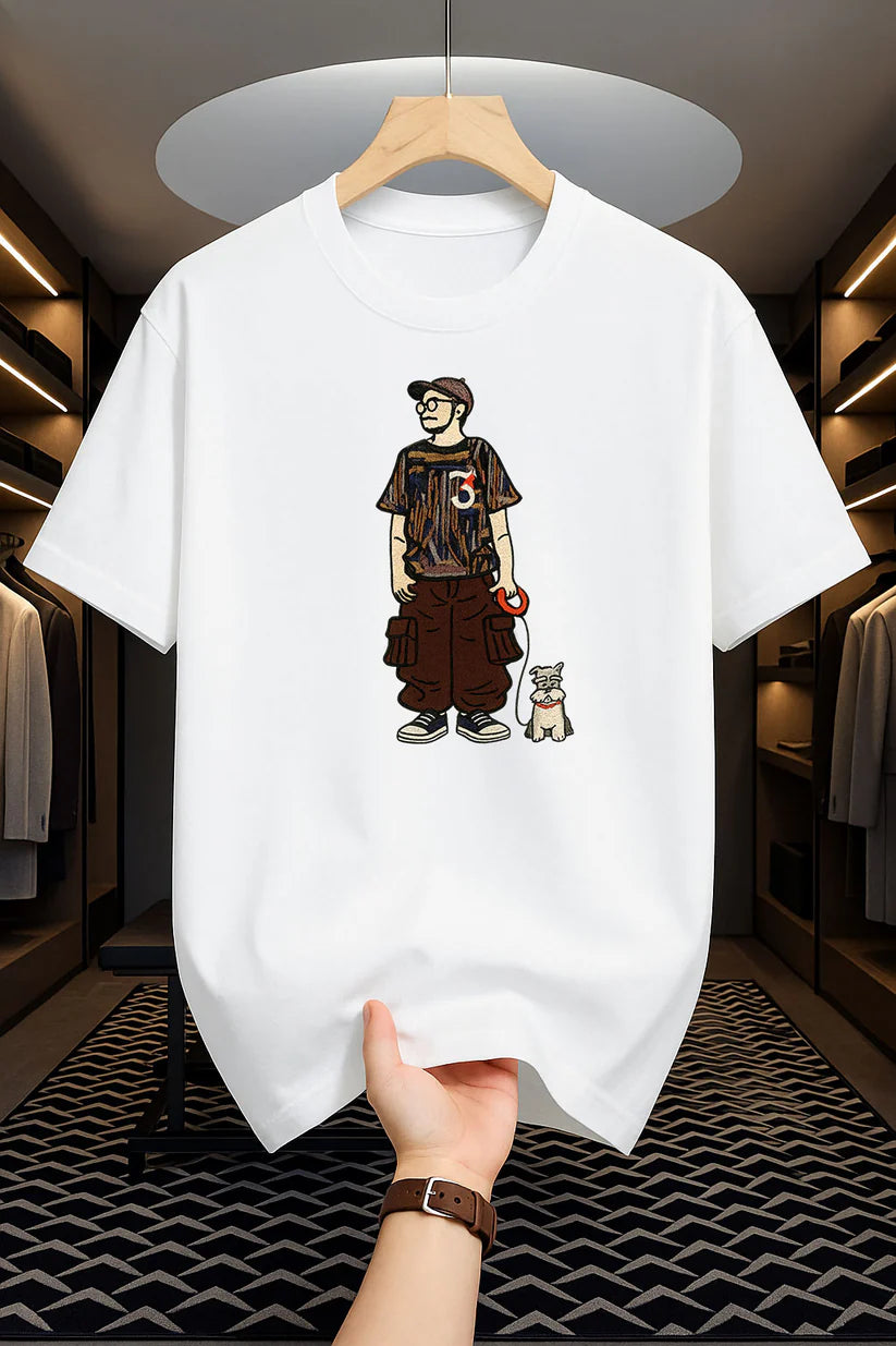 Premium Drop Shoulder T-shirt - Man with Dog - White