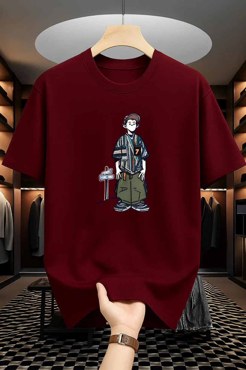 Premium Drop Shoulder T-shirt - Cartoon - Maroon