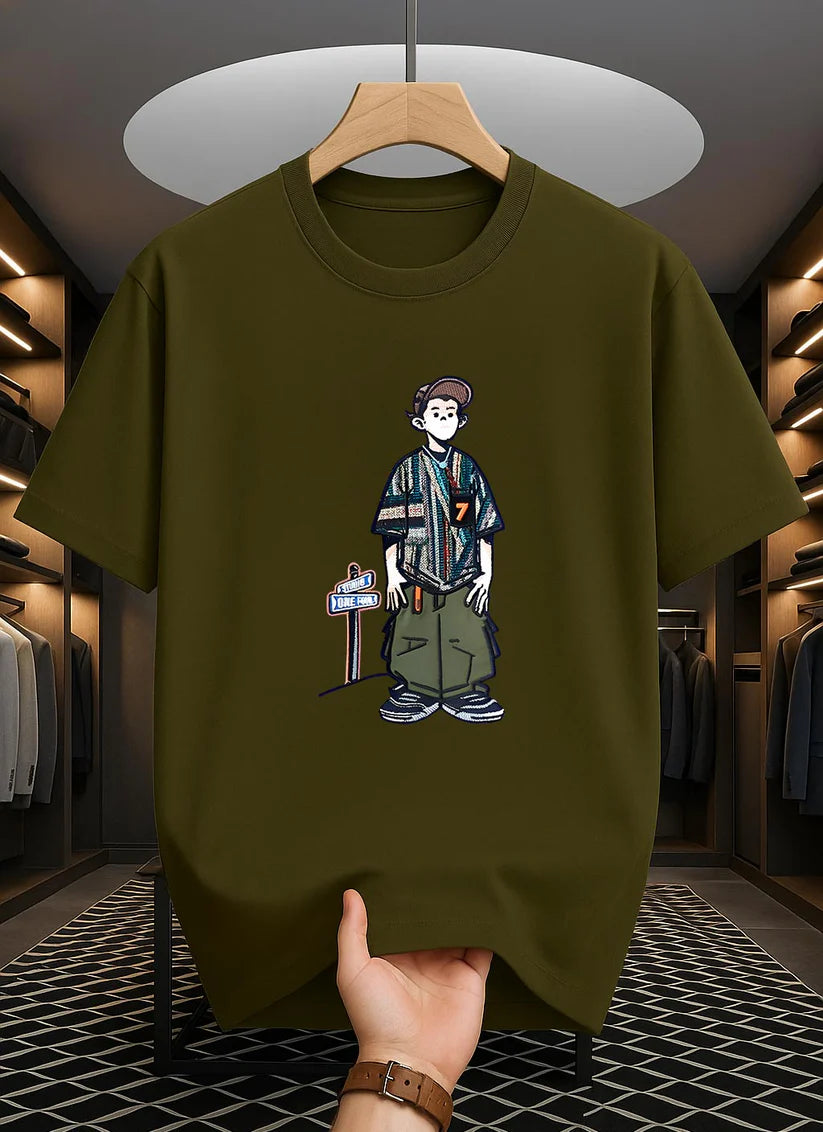 Premium Drop Shoulder T-shirt - Cartoon - Olive