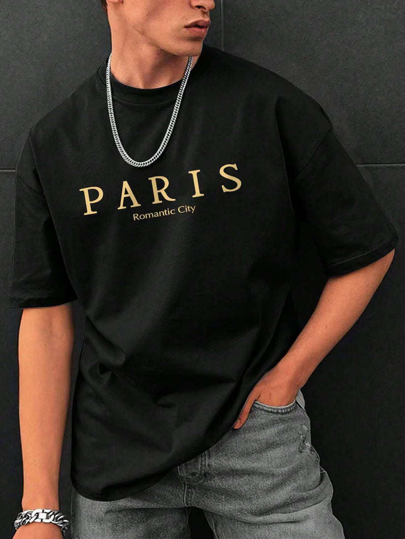 Premium Drop Shoulder T-shirt - Paris (Romantic city) - Black