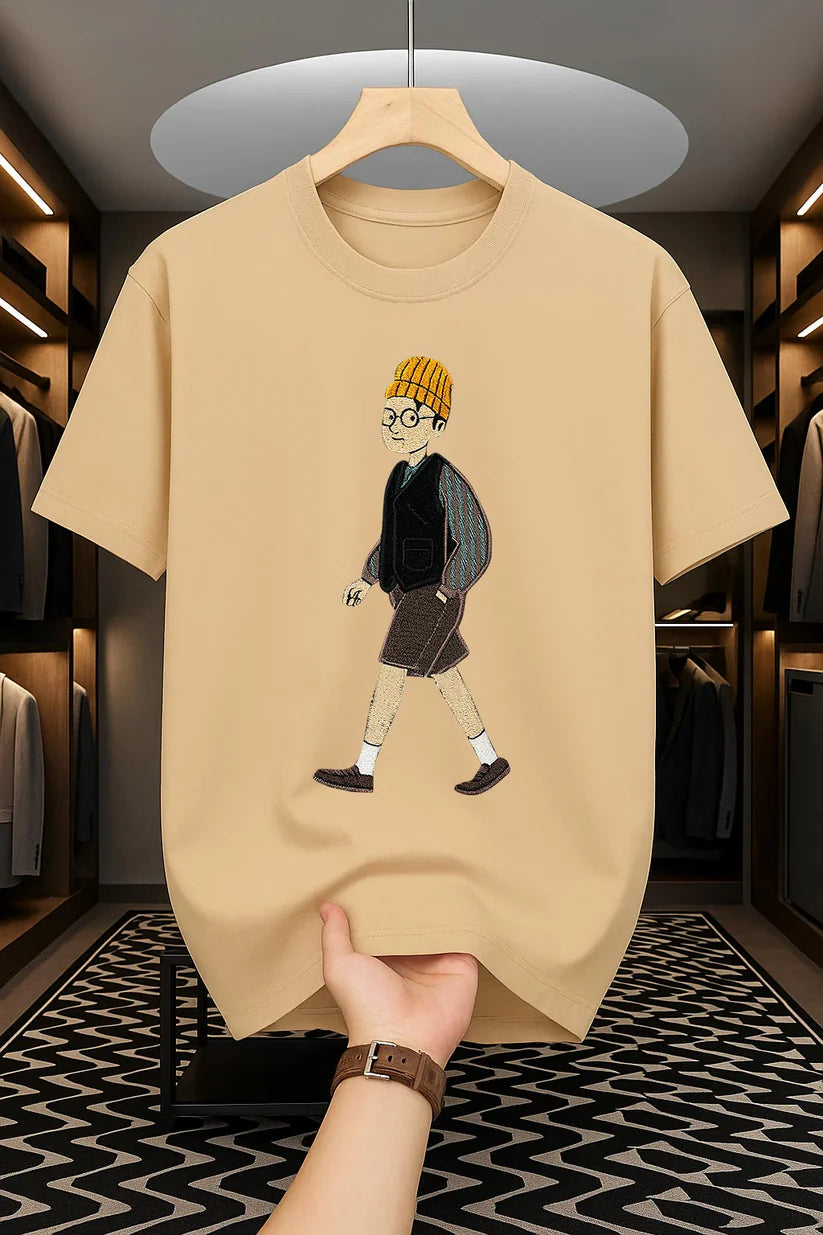 Premium Drop Shoulder T-shirt - Walking Man - Beige