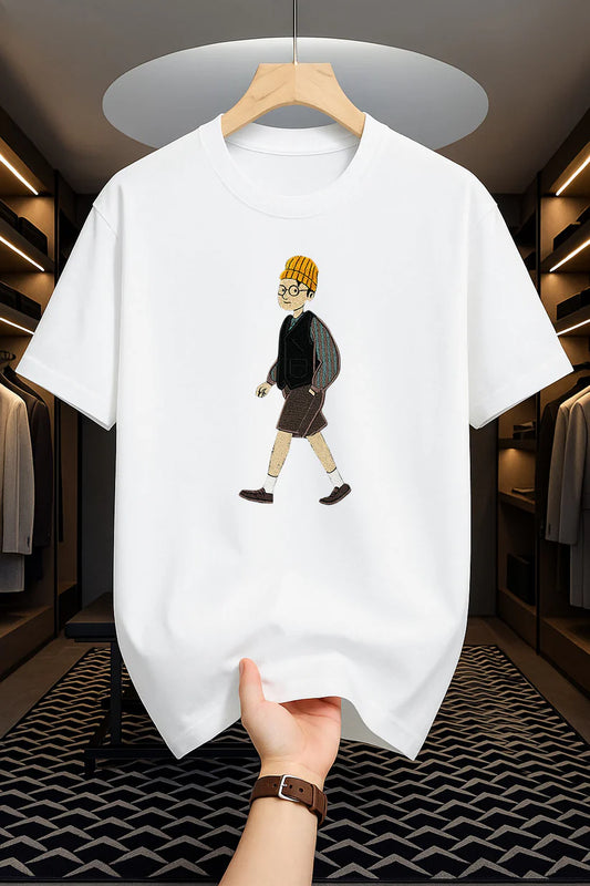 Premium Drop Shoulder T-shirt - Walking Man - White