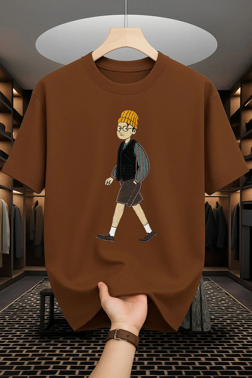 Premium Drop Shoulder T-shirt - Walking Man - Coffee
