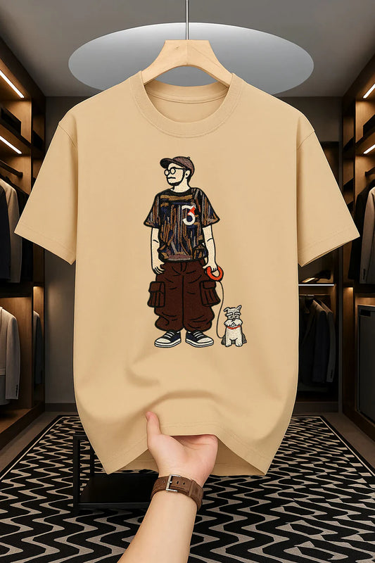 Premium Drop Shoulder T-shirt - Man with Dog - Beige