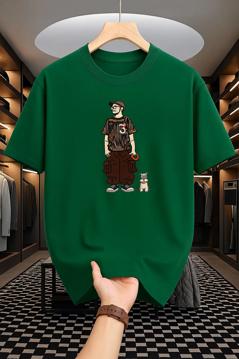 Premium Drop Shoulder T-shirt - Man with Dog - Green