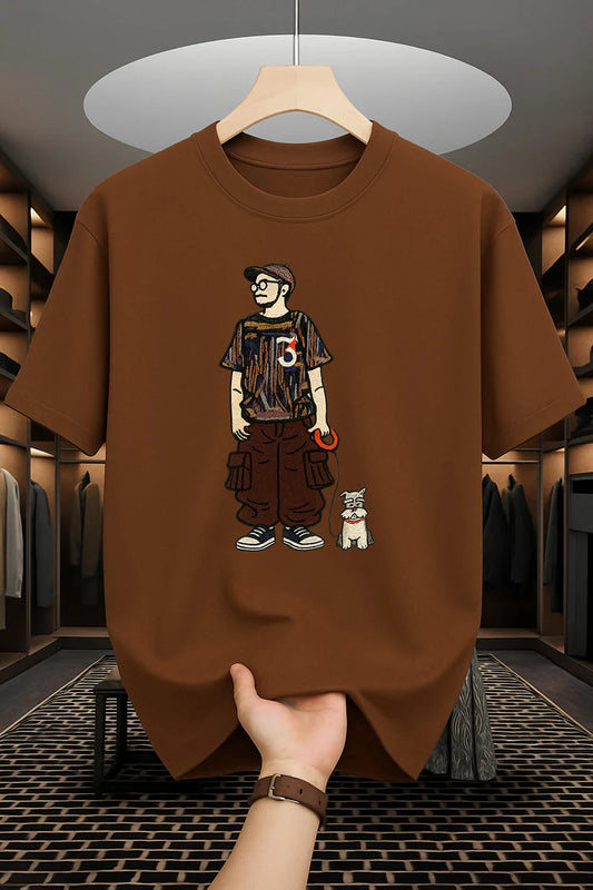 Premium Drop Shoulder T-shirt - Man with Dog - Coffee