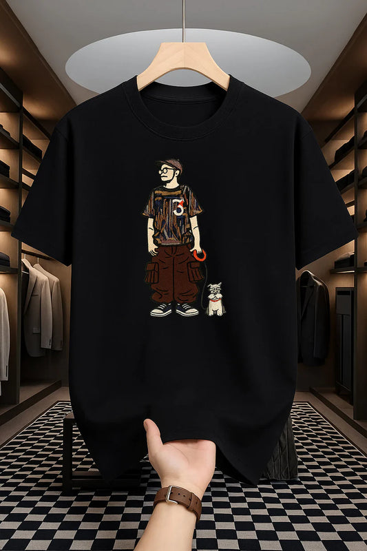 Premium Drop Shoulder T-shirt - Man with Dog - Black