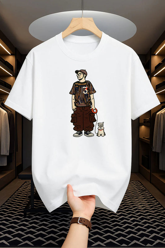 Premium Drop Shoulder T-shirt - Man with Dog - White