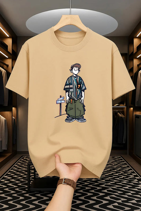 Premium Drop Shoulder T-shirt - Cartoon - Beige