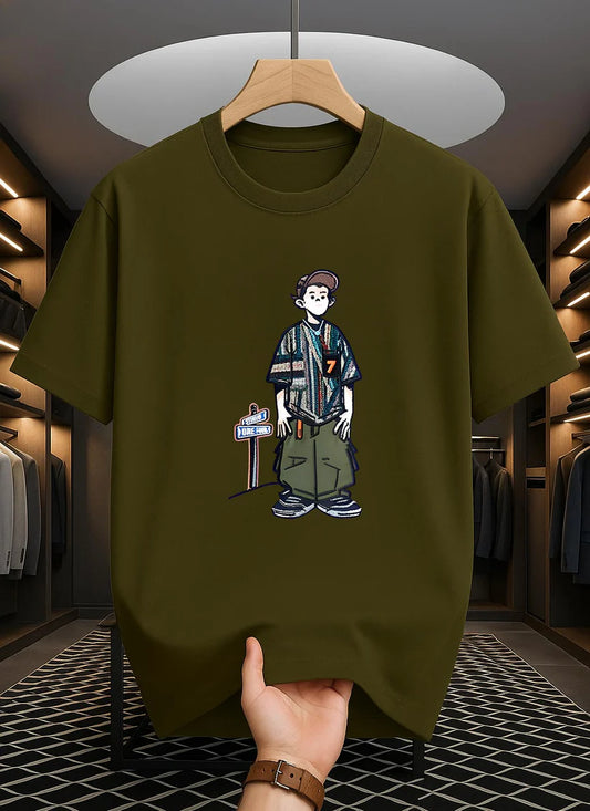Premium Drop Shoulder T-shirt - Cartoon - Olive