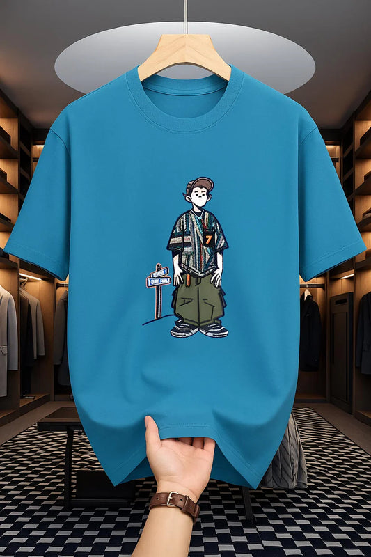 Premium Drop Shoulder T-shirt - Cartoon - Petrol Blue